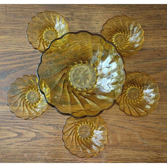 Hazel Atlas Glass Amber Colonial Swirl 6 Piece Berry Bowl Set - Picture 2 of 11